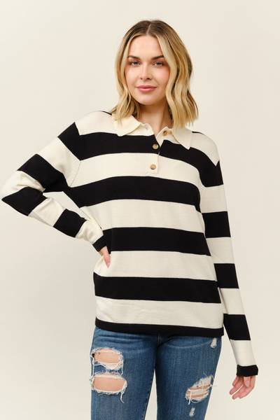 Cielo Women's Polo Wide Stripe Pullover Sweater - SW4620