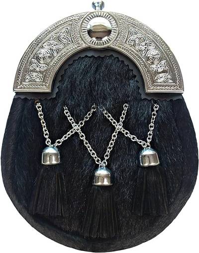 Black Fur Kilt Sporran Cross Chain 3 Tassels, Black Calf Hair Leather With Chain Belt 008