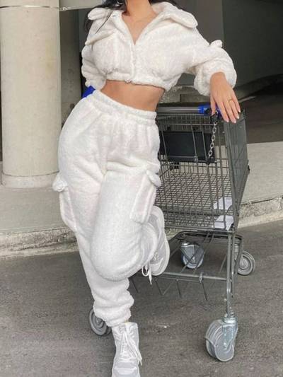 Cozy Plush Crop Top and Cargo Pants Set