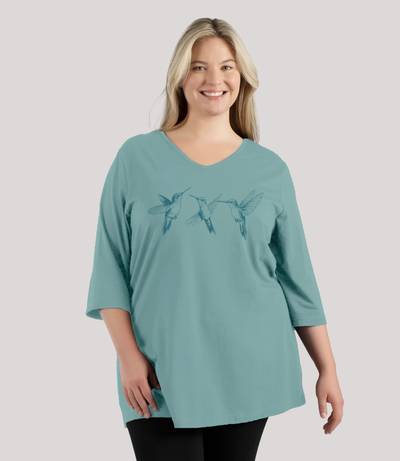 Designer Graphic 3/4 Sleeve V-Neck Tunic Hummingbirds