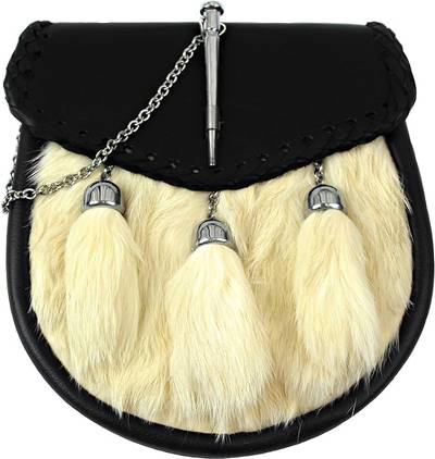 FULL DRESS KILT SPORRAN WITH LATCH PIN ON LEATHER FLAP, OFF WHITE FUR, 3 CHAINED TASSELS, AND CHAIN BELT 015