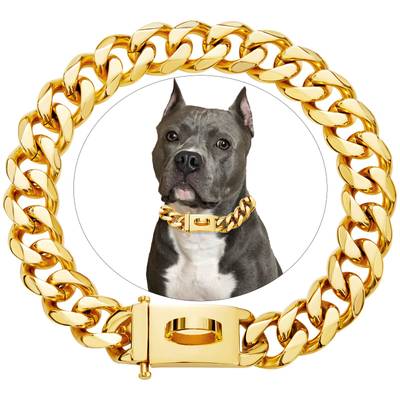 18k Gold Luxury Pet Cuban Link Dog Collar Charm Custom Engrave ID Tags Stainless Steel Personalized Puppy Dog Collar with Premium Buckle Small Medium Large Dogs 10Inch-26Inch