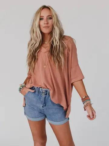 V Neck Ribbed Essential Tee - Sepia