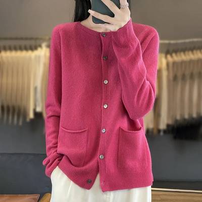 Women's Round Neck Knitted Solid Color Double Pocket Sweater For Autumn And Winter Warm And Loose Knit Cardigan Soft Wool Top ZD