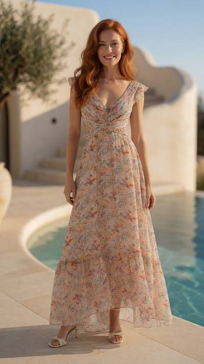 Elara Voss wearing ASTR The Label Primrose Floral Strappy Back Maxi Peach Dress