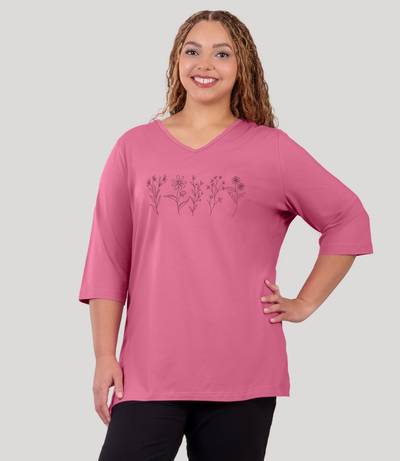 Designer Graphic 3/4 Sleeve V-Neck Tunic Flowers