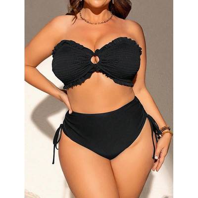 Solid color camisole gathers plus size swimsuit