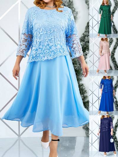Plus Size Water-Soluble Embroidery Lace Chiffon Dress