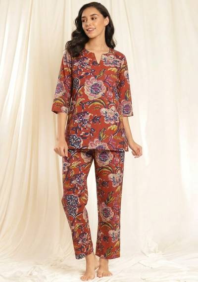 Maroon Floral Printed Cotton Night Suit