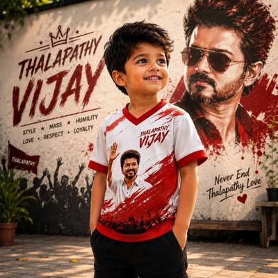 Thalapathy Vijay Kids Fan Jersey | Premium White & Red Half Sleeve T-Shirt for Boys