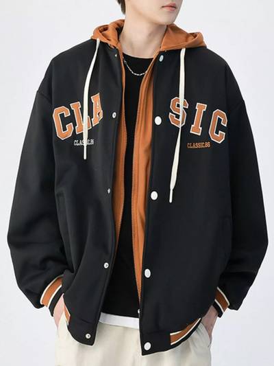 Men's Plus Size Snap-Down Hooded Jacket with Drawstring