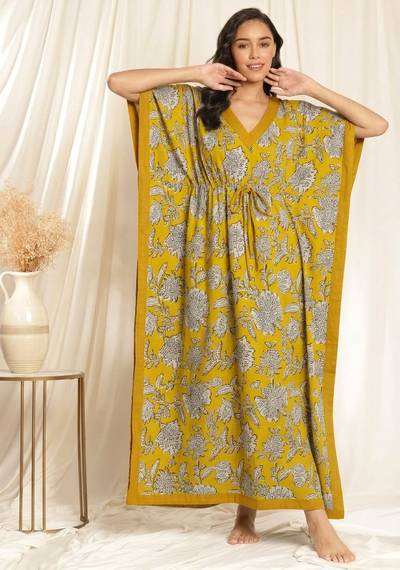 Yellow Beige Floral Printed Tie-Up Waist Cotton Kaftan