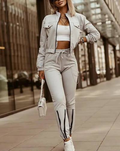 Women’s Zipper Crop Jacket & High Waist Pants