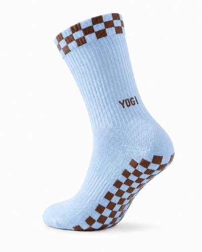 Eco Bamboo Pilates Grip Socks - Chocolate Block on Baby Blue