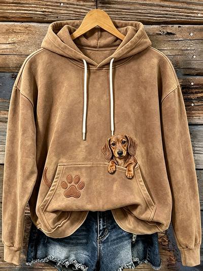 Women's Cute Peeking Dachshund Dog & Paws Print Cozy Hoodie