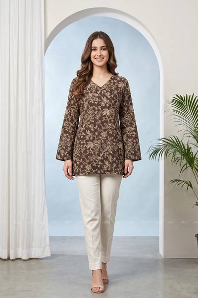 Mocha Flora Printed Short Kurta