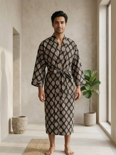 Mens Kimono Robe Cotton Handblock Dress, Indian Printed Man House Robe, Boho Beach Coverup Dressing Gown Lightweight Loungewear Gift For Him
