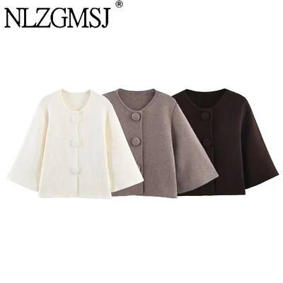 Nlzgsmj 2026 Women Fashion Brown Button Decoration Knitted Sweater Vintage Short Sleeves Female Leisure Lady Sweaters Y2k