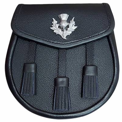 SITARAZ Kilt Sporran Thistle badge 3 Tassels, Black Leather With Chain Belt 006