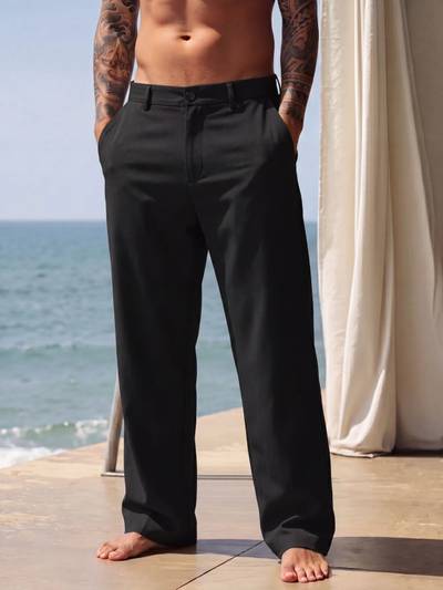 New Amazon European and American men's linen solid color casual suit pants