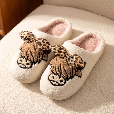 PREORDER: Highland cow with leopard bow slippers 8.24.26 OSYM