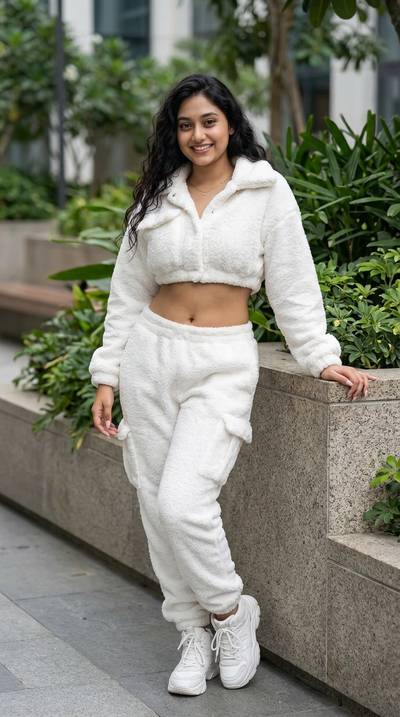 Priya wearing Cozy Plush Crop Top and Cargo Pants Set