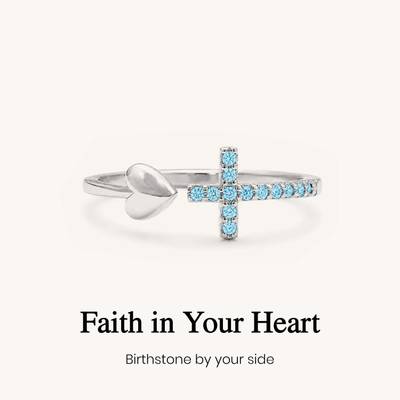 Cross & Heart  Birthstone Open Ring