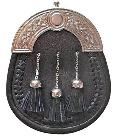 Kilt Sporran Cross Chain 3 Tassels, Black Leather With Chain Belt, Cantle Traditional Design For Men 007