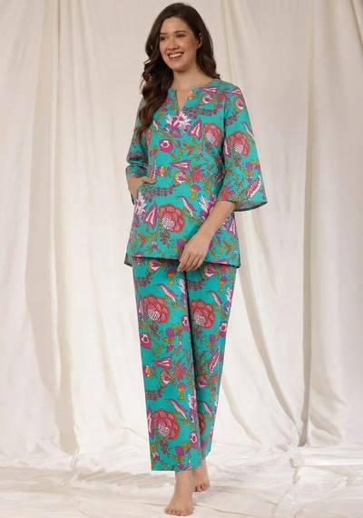 Blue Pink Floral Printed Cotton Night Suit