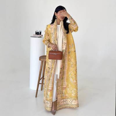 Middle Eastern robes for women Issey Miyake pleated printed cardigan long coat Arab robes large size Abaya