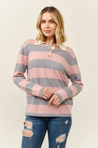 Cielo Women's Polo Wide Stripe Pullover Sweater - SW4460