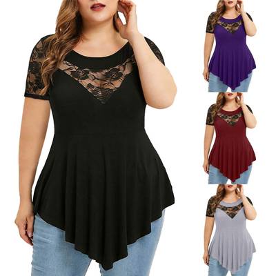 Plus Size Floral Lace Irregular Hem Blouse