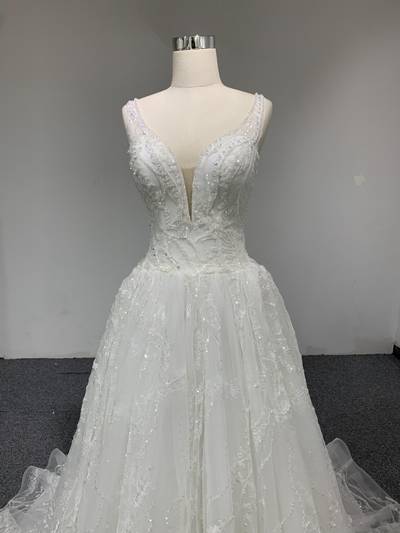 Plus Size Beaded Deep V Neck Lace Up A-Line Wedding Dress
