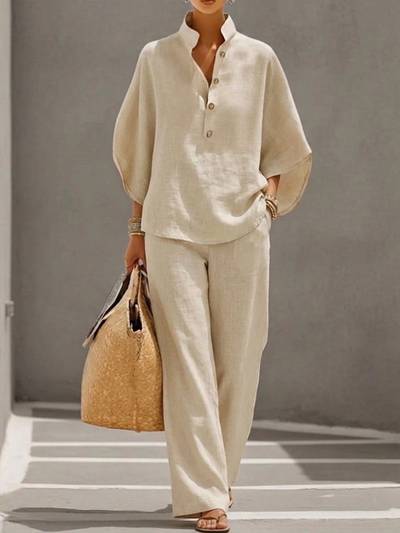 MAYA | ENSEMBLE LIN BLOUSE MANCHES BOUFFANTES BOUTONS & PANTALON LARGE
