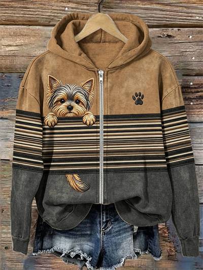 Women's Peeking Yorkshire Dog Striped Contrast Color Full Zip Hoodie