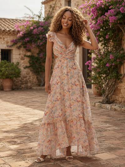StoneyBoi wearing ASTR The Label Primrose Floral Strappy Back Maxi Peach Dress