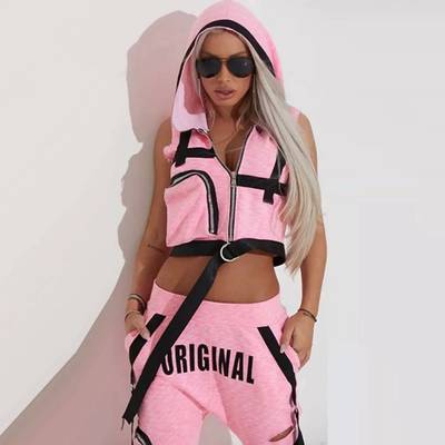 Women’s Hooded Vest & Ripped Pants Set Streetwear