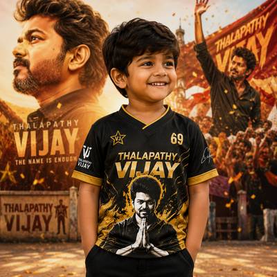Thalapathy Vijay Kids Black Fan Jersey | Premium Gold Edition Half Sleeve T-Shirt for Boys