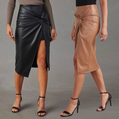 Women's Faux Leather Midi Skirt – High-Slit Hip-Hugging Zip Skirt