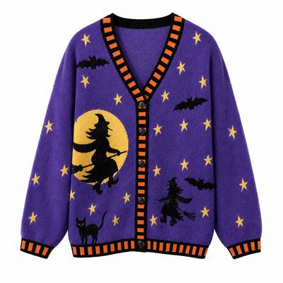 Vintage Halloween Spooky Season Cardigan – Cozy Knit Sweater with Halloween Graphic