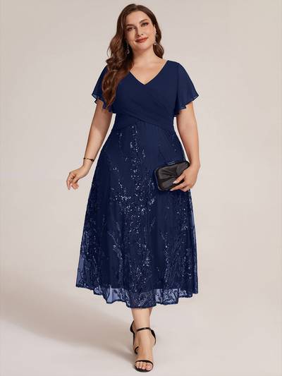 Plus Size Chiffon Sequin Ruffle Sleeve Evening Dress