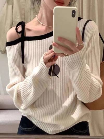 Fashion Autumn Women Knitted Top Pullover Off-shoulder Sweater Elegant Korean Style Knitwear Long Sleeve Casual Fall Clothing