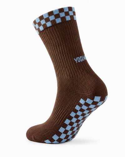 Eco Bamboo Pilates Grip Socks - Baby Blue Block On Chocolate