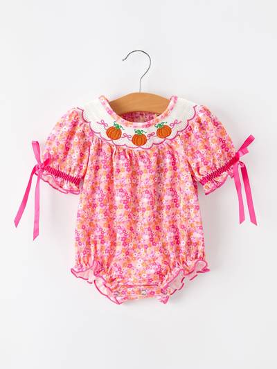 Girls Halloween & Thanksgiving Floral Smocked Bubble Romper