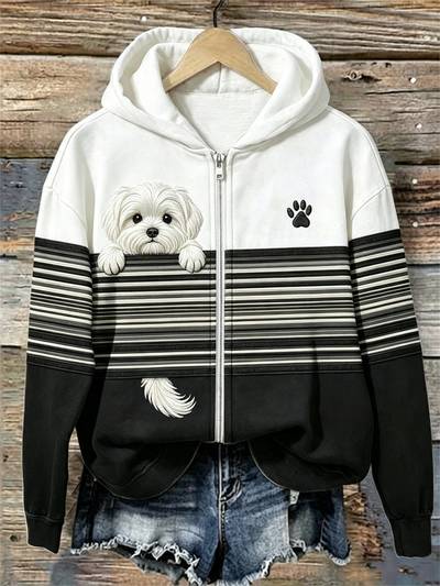 Women's Peeking Maltese Dog Striped Contrast Color Full Zip Hoodie