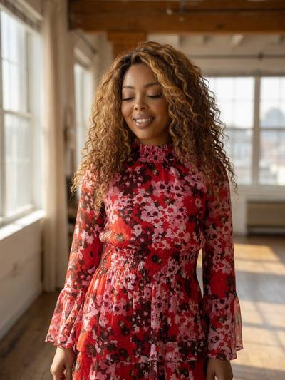 StoneyBoi wearing Taylor Mock Neck Floral Dress