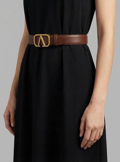 Women's Cognac Leather Belt with Signature V-Logo Geometric Buckle