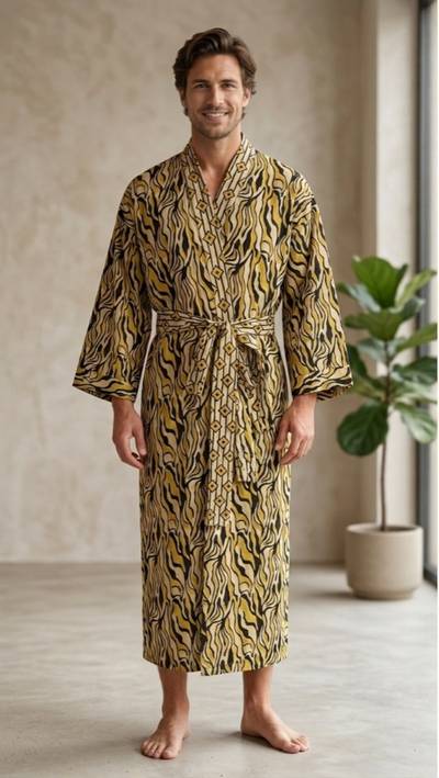 Mens Kimono Robe Cotton Handblock Dress, Indian Printed Man House Robe, Boho Beach Coverup Dressing Gown Lightweight Loungewear Gift For Him