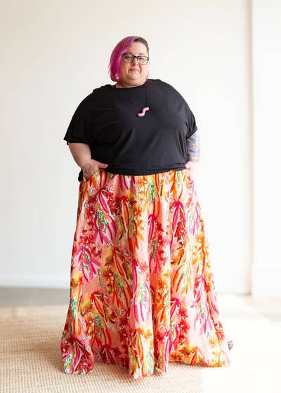 Lesley Long Skirt -Linen -Pink Print -D