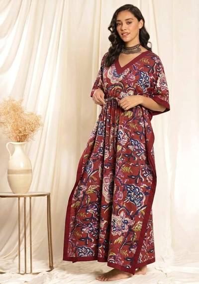 Maroon Floral Printed Tie-Up Waist Cotton Kaftan